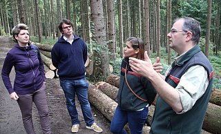 Austausch im Wald: Wibke Brems und Matthi Bolte-Richter (NRW-Landtagsmitglieder der Grünen, v.l.) diskutieren mit den Förstern Anna Rosenland und Claus Gröger. - Niklas Krämer
