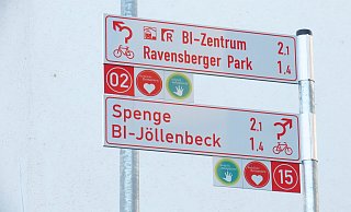 Stadtwerke-Kreisel, die Erste: Nördlich des Kreisels steht, es seien 1,4 km bis Jöllenbeck - das darf durchaus verwundern. - Kurt Ehmke