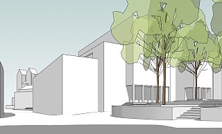 So in etwa soll das neue Stadthaus mit 2,80 Meter Rücksprung im Modell (ohne Fassadengestaltung) aussehen. Der Marienplatz (r.) bleibt unverändert. - Stadt Paderborn