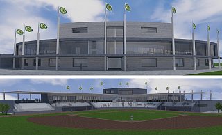 Das geplante Baseball-Stadion "Im Klee" nahe der A33 und der B1 könnte so aussehen. Die Illustration soll einen Eindruck geben, wie sich die Paderborner Untouchables die neue Spielstätte vorstellen, sagt Vereinsvorsitzender Uwe Diedam. - Untouchables Paderborner Baseballclub e.V. / König Architekten und Ingenieure GbR
