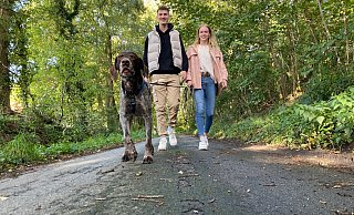Auf dem Weg ins neue Zuhause: Hunde-Opi "Knut", dessen altes Herrchen wegen Totschlags eine neunjährige Haftstrafe verbüßt, darf sich auf seine neue Heimat in Ostenfelde wohnen. Jannika Haase und Moritz Stang haben den Deutsch Drahthaar-Rüden ins Herz geschlossen und nehmen ihn bei sich auf. - Christian Bröder