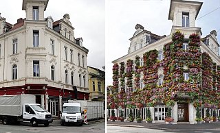 Das Schiller ist derzeit eine Baustelle. Die Blütenfassade ist eine ältere Animation. Sie wird sich nach neuester Planung in der dritten Etage nur auf Blumenkästen beschränken. - Frank-Michael Kiel-Steinkamp/Montage: Uhlen