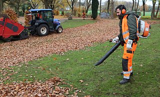 Alan Shekho (vorne im Bild) und Pascal Przybylla (hinten) tragen das Laub mit dem Gebläse vom Rand in die Mitte der Grünfläche. Ihsan Karakurt sammelt es dort mit der Rasenkehrmaschine ein. - Shannon-Lee Bendig