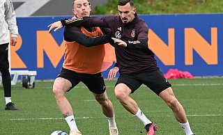 Marius Wolf (l) und Mergim Berisha beim Training der Nationalmannschaft. - Arne Dedert/dpa