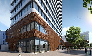 Die auffallende Sockelverblendung am Hochhaus stößt teils auf Kritik. Ihre Genehmigung ärgert Politiker. ENTWURF: Goldbeck - xxx
