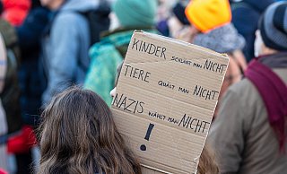 Zahlreiche Menschen versammeln sich mit Plakaten und Transparenten, um gegen rechts zu protestieren. Sollte man zu solchen Demos seine Kinder mitnehmen? - IMAGO/Ardan Fuessmann