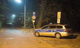 Ein Streifenwagen steht am Mittwochabend an der Wiener Straße. Hier soll ein 19-jähriger Jogger von Rechtsextremen überfallen und schwer verletzt worden sein. - Christian Mathiesen