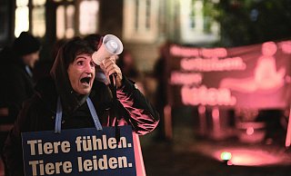 Eine Jagdgegnerin verleiht ihrem Protest vor der Apostelkirche in Gütersloh mit einem Megaphon Gehör. - Marco Molitor Eine Jagdgegnerin verleiht ihrem Protest vor der Apostelkirche in Gütersloh mit einem Megaphon Gehör. - Marco Molitor