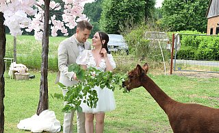 Jessica und Oliver Konopka aus Bielefeld sind das erste Paar, das sich für eine freie Trauung auf dem Hof Obermeier im Kreis Gütersloh entschieden hat. - Karin Prignitz