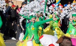 Eine Gruppe geht als Pusteblumen beim Rosenmontagsumzug in Delbrück. - Niklas Tüns