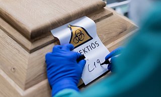 Eindeutige Kennzeichnung: Ein Bestatter schreibt „C19" auf ein Schild mit dem Hinweis „Infektiös". Es ist der Sarg eines mit oder an Corona Verstorbenen. - Rolf Vennenbernd