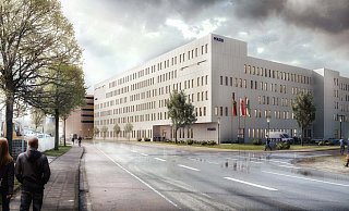So sieht der Entwurf des neuen Bielefelder Polizeidienstgebäudes am Stadtholz aus. In Kürze soll mit dem Bau begonnen werden. - React