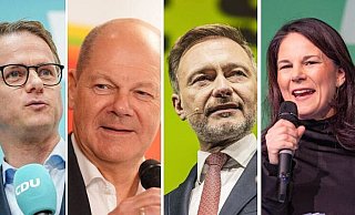 Machen in Bielefeld Wahlkampf: CDU-Generalsekretär Carsten Linnemann (von links), Bundeskanzler Olaf Scholz (SPD), FDP-Vorsitzender Christian Lindner und Bundesaußenministerin Annalena Baerbock (Bündnis 90/Die Grünen). - Imago/Marc John