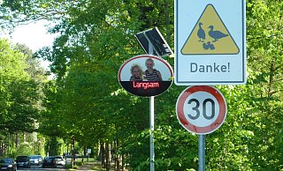 Die Stadt hat aufgerüstet: Außer einem Tempo-30-Schild und dem Hinweis auf die Querung ganzer Entenfamilien soll jetzt auch ein Dialog-Display die Aufmerksamkeit von Autofahrern schärfen. - Sabine Kauke