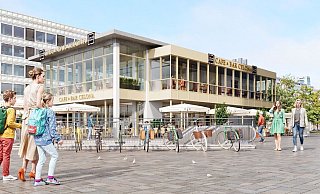 Die Visualisierung der zukünftigen "Café & Bar Celona" am Jahnplatz gilt noch als Entwurf: Die finalen Farben und Materialien der neuen Fassade werden noch abgestimmt. - Visualisierung: Celona GmbH