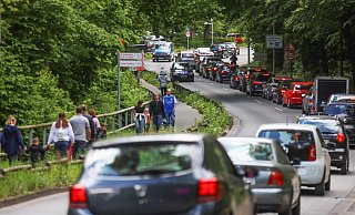 Auf der Dornberger Straße staut sich der Verkehr, weil der Parkplatz des Tierparks überfüllt ist. - Sarah Jonek