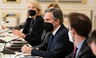 US-Außenminister Antony Blinken während des Treffens mit dem ukrainischen Präsidenten Wolodymyr Selenskyj in Kiew. - Foto: Alex Brandon/Pool AP/dpa