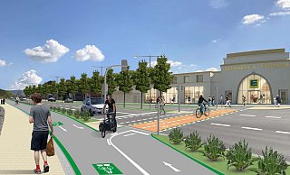 Die Einmündung der Herforder Straße auf die Mindener Straße ist ein zentraler Punkt der bisherigen Planung. Hier teilt sich der Radschnellweg, der aus Richtung Westen kommend bis dahin nur auf der Nordseite geführt wurde, auf beide Straßenseiten auf. Optimistisch ist in der Visualisierung auch schon das E-Center auf dem Fuhrken-Gelände realisiert. - L. Schumacher/Stadt Bad Oeynhausen