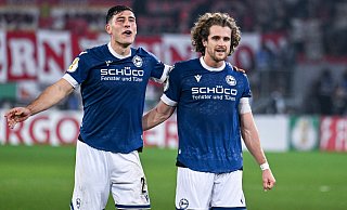 Stefano Russo (l.) und Kapitän Mael Corboz waren zwei der herausragenden Akteure bei Arminia Bielefeld. - Teresa Kröger