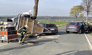 Bei Bad Wünnenberg hat sich am Freitagabend ein Unfall ereignet, beteiligt war auch ein Auto mit Pferdeanhänger. Das Tier musste berfreit werden. - Feuerwehr Bad Wünnenberg
