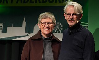 Die Grünen-Politiker Britta Haßelmann mit Peter Altenbernd, grüner Direktkandidat für den Paderborner Wahlkreis bei der Bundestagswahl. - Bündnis 90/Die Grünen Paderborn