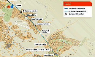 Diese Grafik zeigt den aktuell geplanten Trassenverlauf der Stadtbahnlinie 1 nach Sennestadt. In der Nähe einer Haltestelle Kamphof und der A2 könnte eine große P+R-Anlage entstehen. - MoBiel/ Repro: Susanne Lahr
