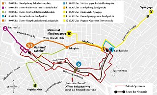 Die rote Linie zeigt, wo die Sperrzone der Polizei verläuft. Ab 11 Uhr ist hier kein Durchkommen mehr. Die ersten Sperrgitter werden ab 8 Uhr installiert. - Grafik: Jürgen Schultheiß