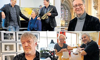 Uli Lettermann (mit Saxofon) mit den den Mit-Initiatoren und Unterstützern (von links oben im Uhrzeigersinn) Rainer Schallenberg (Jazzclub), Petra Lettermann, Domkapellmeister Thomas Berning, Simone Schneider und Adda Schade (Sputnik) sowie Kabarettveranstalter Carsten Hormes. - Fotos: Kosbab (3), Lettermann / Montage: NW
