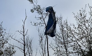 Der Schirm einer Paragliderin hängt in einer Baumkrone bei Höxter. Die Frau blieb nach dem Start in 20 Metern Höhe hängen. - Feuerwehr Höxter