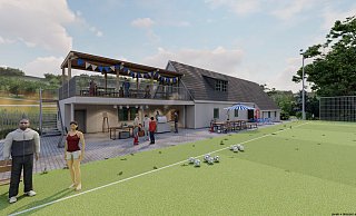 So soll's bald aussehen: Eine große Dachterrasse (vorne) will der TuS-Hoberge ans bestehende Vereinsheim (hinten) anbauen. - Entwurf: Jonek+Dressler Architekten