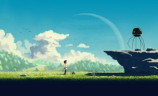 Lana und ihr Begleiter Mui stehen einem mysteriösen Maschinenwesen gegenüber. - Wishfully