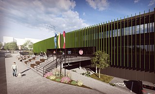 Der Eingangsbereich der "Eisarena". Besucher, die es sich auf der Tribüne bequem machen wollen, nutzen die Treppen. Diejenigen, die aufs Eis wollen, gehen unter den Treppen her. So sollen die Besucherströme getrennt werden. - Visualisierung: Jahn-Group