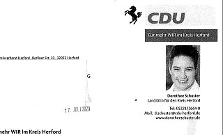 In einem Schreiben an die Unternehmer wirbt Dorothee Schuster für sich als Landrätin mit der Formulierung "Landrätin für den Kreis Herford". - Corina Lass