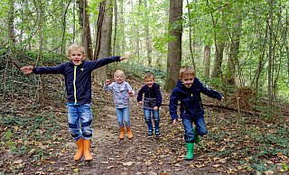 Hinnerk (v.l.), Stine, Julian und Leon toben durch den Wald. Und wenn das Eichhörnchen Wuschel es vorgibt, springen sie auf den Wegen. - Andreas Sundermeier