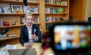 Mit Podcast-Mikrofon und Laptop schaltete sich AfD-Chefin Alice Weidel von ihrem Bundestagsbüro aus in den Live-Talk mit X-Chef Elon Musk. - Kay Nietfeld/dpa-POOL/dpa