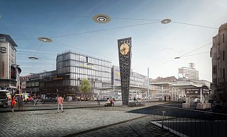 So soll es werden: Der Jahnplatz mit Hängeleuchten und neuen Haltestellen-Dächern. - Visualisierung: Jost Hauer