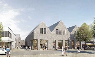 Die Ansicht des geplanten Einkaufszentrums „Westertor“ von der Langen Straße aus. Hinten links voraussichtlich Edeka, vorn Fachgeschäfte - HBB/RKW+