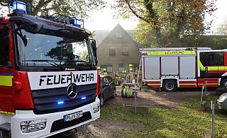 Einige der Löschfahrzeuge waren auf der Straße zum Delbrücker Tierpark Nadermann platziert. - Feuerwehr