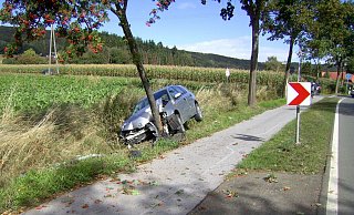 Der Nissan der 24-Jährigen kam im Graben vor einem Baum an der Holsener Straße zum Stehen. - Polizei Minden-Lübbecke