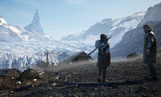 Zwei Figuren in der eindrucksvollen, von Island inspirierten Landschaft von „Echoes of the End“. - Myrkur Games