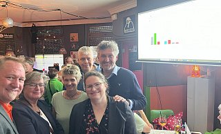 Gute Laune herrscht bei den Grünen um Bürgermeisterkandidat Frank Wolters (r.) im Sputnik - die Leinwand haben sie den ganzen Abend über immer im Blick. - Josefin Stein