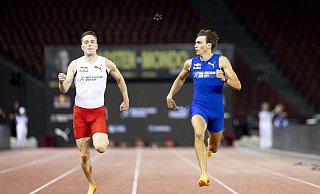 Stabhochspringer Armand Duplantis ließ Hürdenläufer Karsten Warholm keine Chance über 100 Meter. - Michael Buholzer/KEYSTONE/dpa