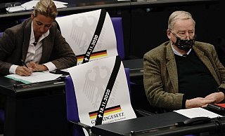Die AfD-Abgeordneten Alexander Gauland und Alice Weidel setzen am Tag der Änderung des Infektionsschutzgesetzes mit Plakaten ein Zeichen. - picture alliance/Michael Kappeler/dpa