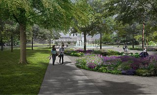 Eine Sichtachse bis zum Parkhotel: Vor dem Kaiser-Karls-Park (hinten) sind die zukünftigen Fontänen zu sehen.