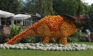 Hingucker: Mehrere Meter hoch sind die mit Kürbissen gestalteten Dino-Skulpturen. Der Unterbau besteht aus Holz. Dieses Exemplar stand im baden-württembergischen Ludwigsburg. - Gartenschau Bad Lippspringe / Kuhnle