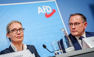 Alice Weidel und Tino Chrupalla. Die AfD-Spitze strebt einen Austritt aus dem rechten Parteienbündnis an und will damit einem Rauswurf zuvorkommen. - Kay Nietfeld/dpa