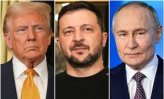 Die drei Präsidenten Trump, Selenskyj und Putin (von links) verhandeln über eine Lösung im Ukraine-Krieg. (Archivbild) - Morissard/Bednyakov/AP/dpa