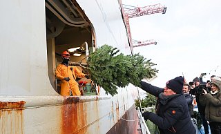 Eine Sponsorin wirft einen Weihnachtsbaum zu zwei Seeleuten in die Luke eines Containerschiffes im Hamburger Hafen. - Christian Charisius/dpa