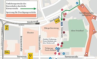 Der Busverkehr aus Richtung Hauptbahnhof fließt weiter über die Herforder Straße, in Gegenrichtung muss er durch die Körnerstraße. - Yvonne Vogt (Grafik)/ Stadt Bielefeld (Quelle)