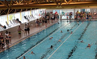 Der Andrang an Beckenrand der Schwimmoper ist beim Schwimmabzeichen-Tag in Paderborn groß. Im Wasser kämpft der Nachwuchs für den Erfolg. Fotos: Moritz Jülich - Moritz Jülich